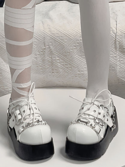 Jirai Kei Polished White Y2K Bone Buckle Strap Platform Shoes