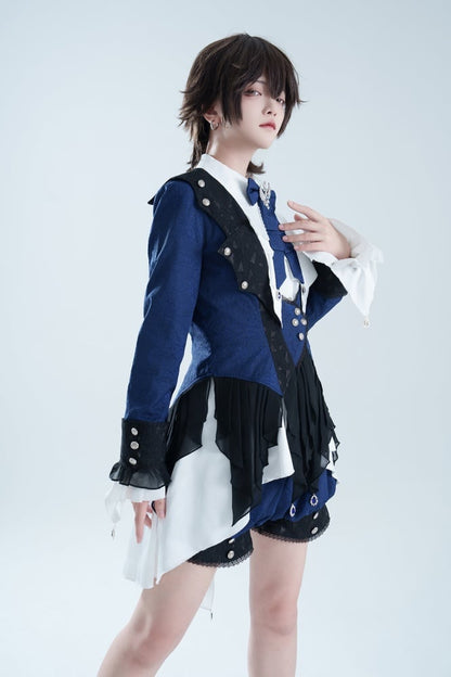 Gothic Ouji Lolita Ciel Vibes Dark Blue Prince Coat White Long Sleeves Shirt Dark Blue  Shorts