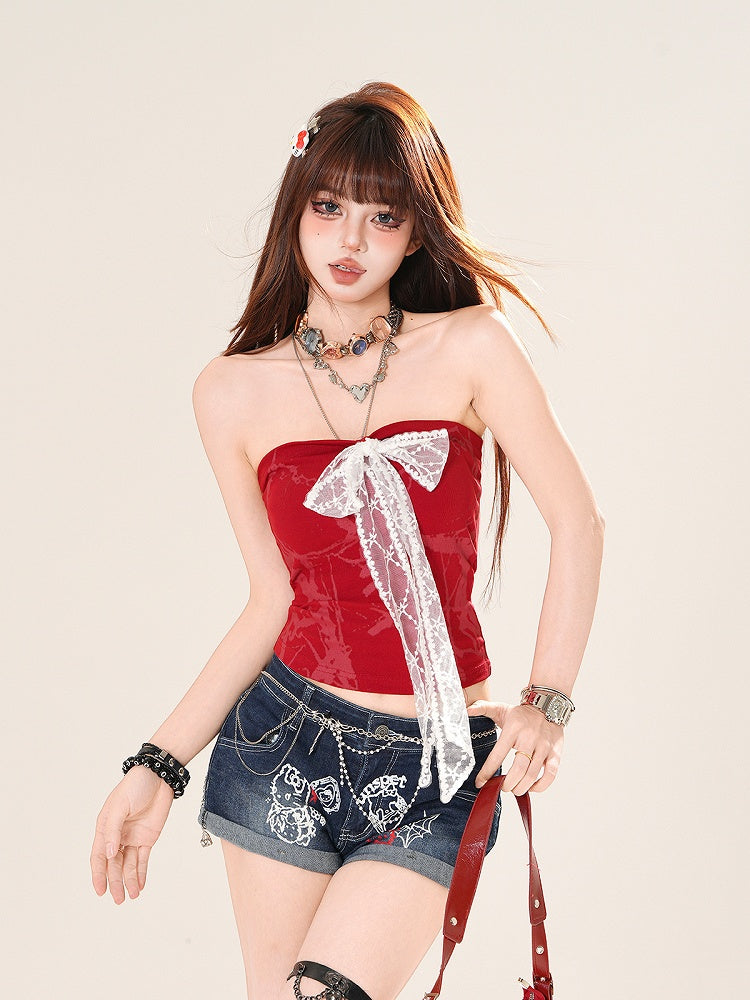 Strapless Top Red/Black Lace Bow Front Glamorous