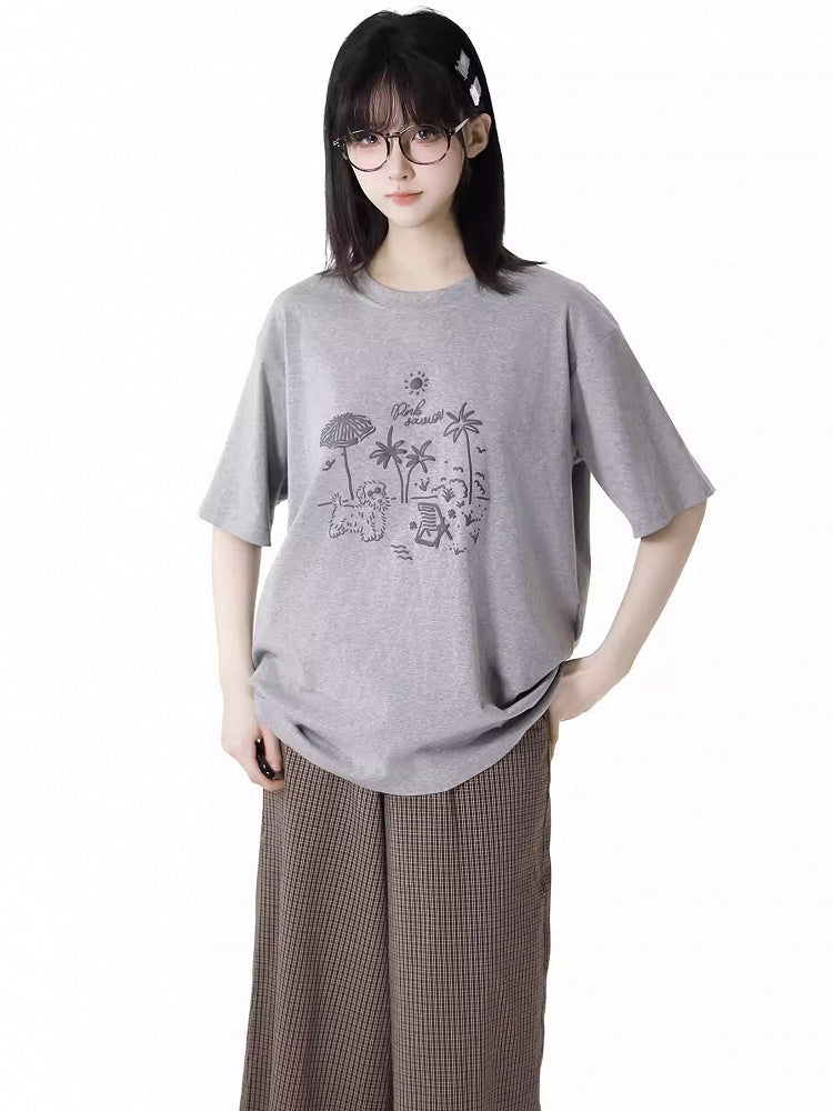 Loose Graffiti T-Shirt Puppy Round Neck Gray/Pink/Light Purple