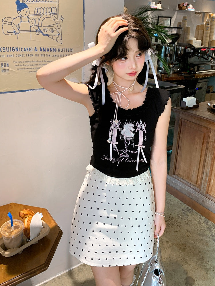 Top Tank Black Candlestick Print Lace Trim Bittersweet