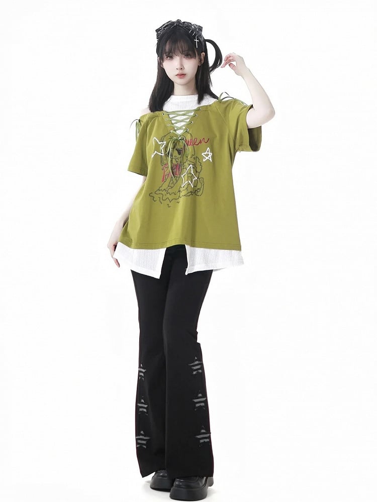 Black Star Appliques Flared Pants