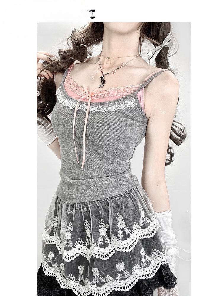 Grey Double-layered Lace Cami Top+Pink Padded Cups Cami Top Set
