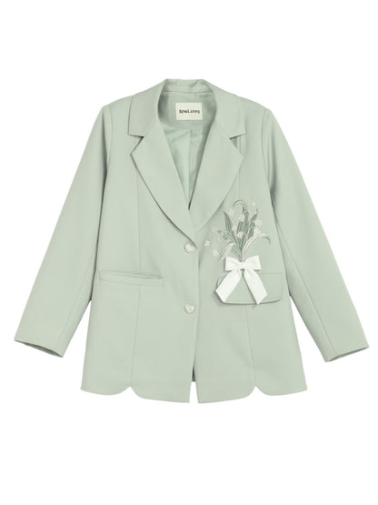 Floral Embroidery Green Heart-shaped Buttons Blazer