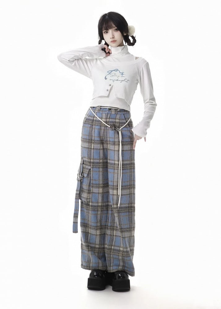 Blue Plaid Pants with Cargo Pockets