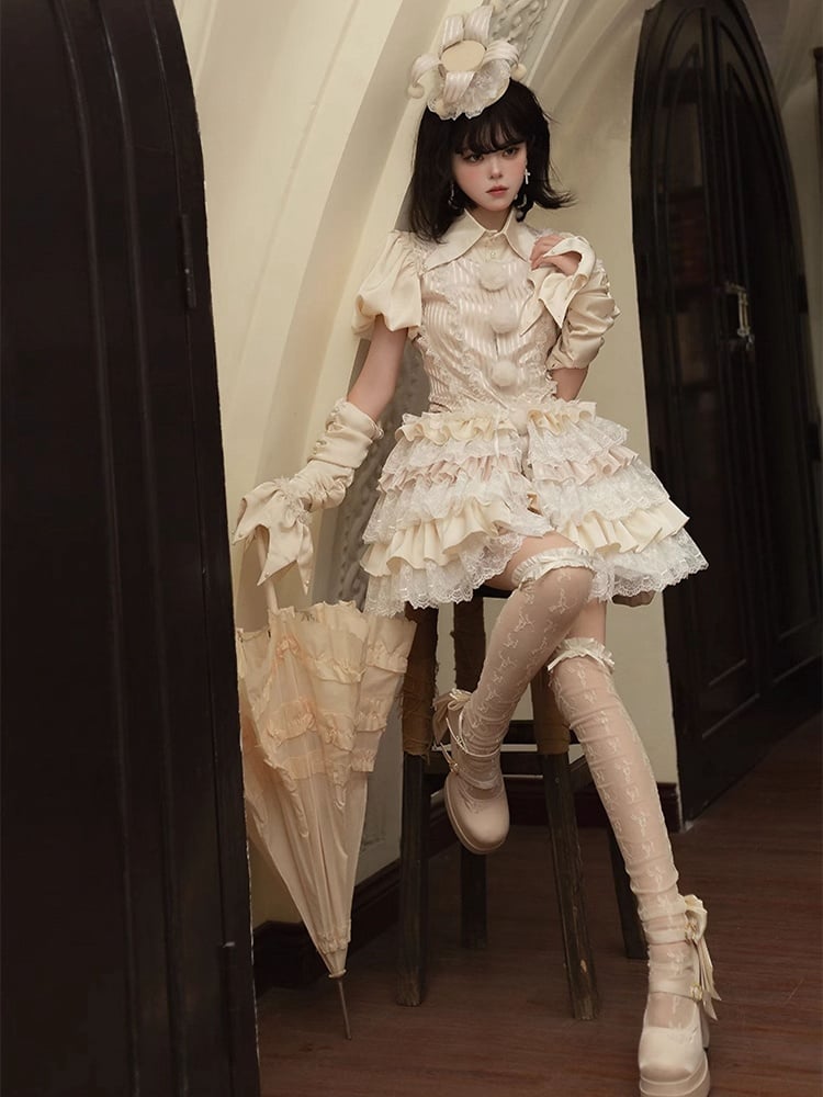 Clown-Outfit + Shorts, Pumphose, Kragen, spitzes Hemd, Lolita-Zirkus, Strumpfbänder, Ouji Apricot Vibes –