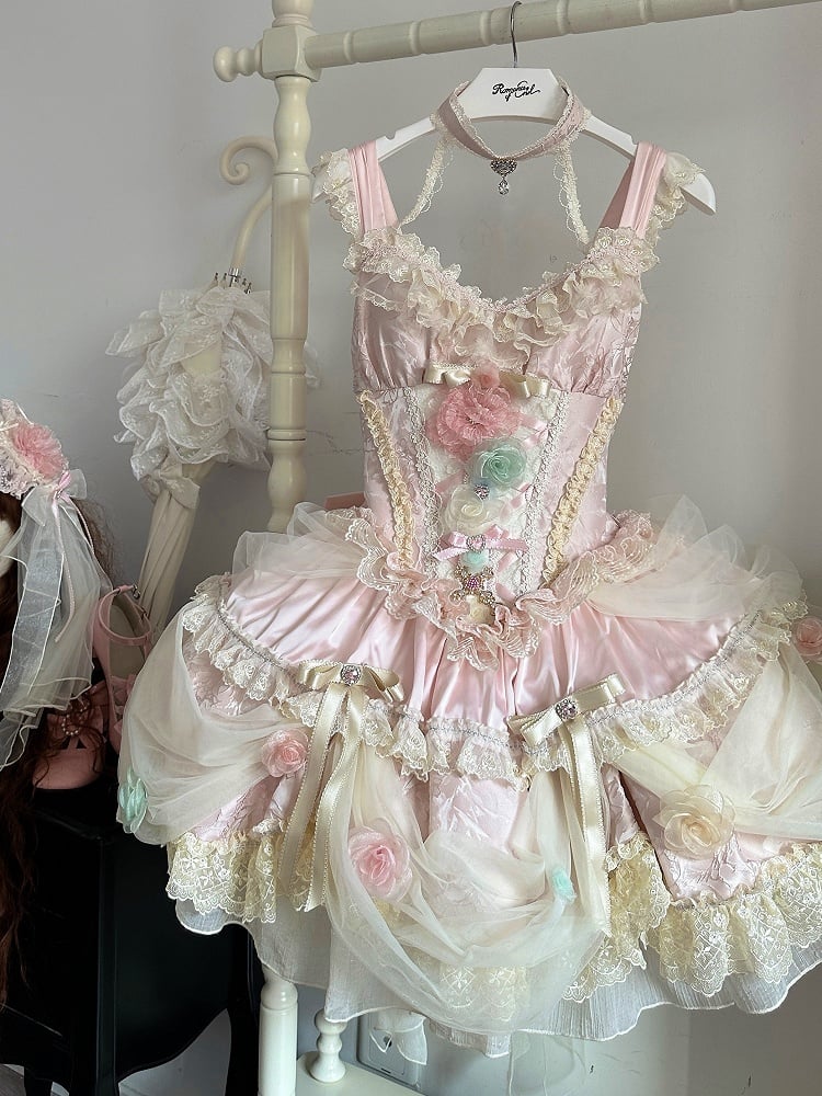Robe princesse Lolita Hanayome à taille corset et baleines, motif floral rose
