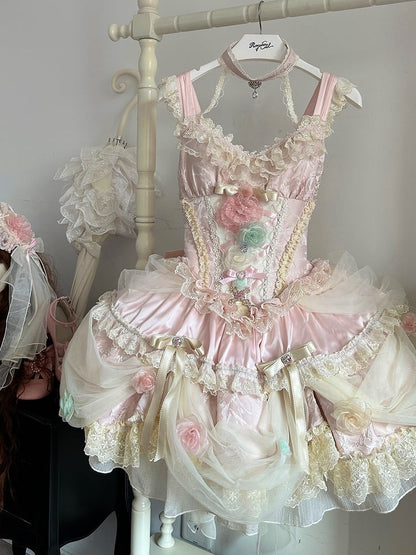 Robe princesse Lolita Hanayome à taille corset et baleines, motif floral rose