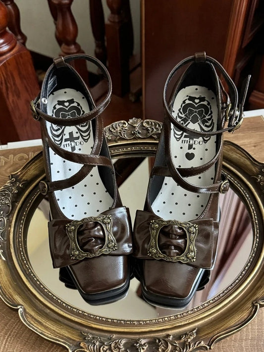 Toe Picture Heels Middle Crisscross at Square Frame - Straps Design Bow Buckle Elegant Top Brown Lolita
