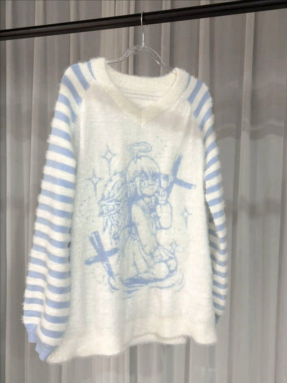 Tenshi Kaiwai Blue and White Angel Graphic V-neck Loose Sweater