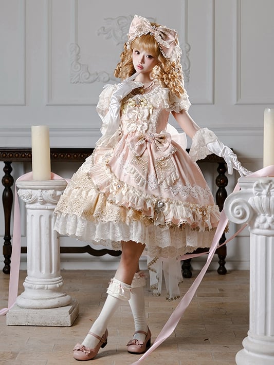 Jumper and Bead Pink Dress Skirt Bow Accents Set Full Princess Jacquard Lolita