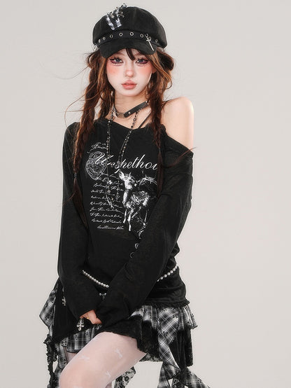 Black/White Asymmetrical Neckline Side Slit Graphic Top Lace Hem