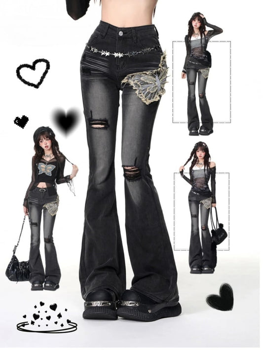 Black Butterfly Applique Distressed Holes Fishtail Jeans