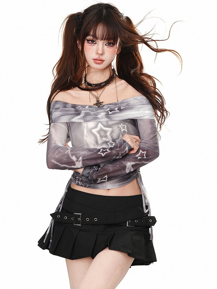 Purple/Grey Stars Off-Shoulder Semi-sheer Drawstring Waist Crop Top