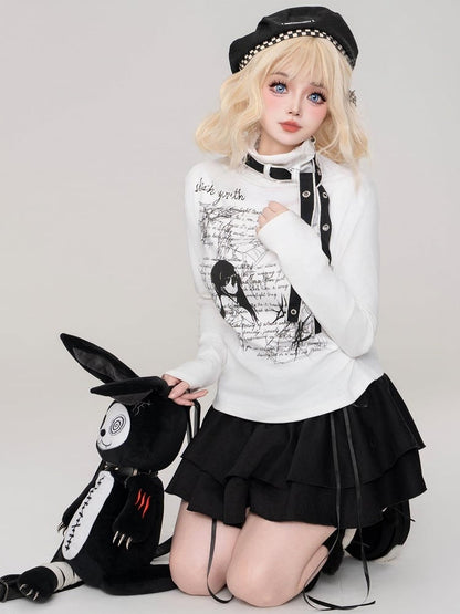 Jirai Kei Black/White Manga Girl Strap Details High Neck Top