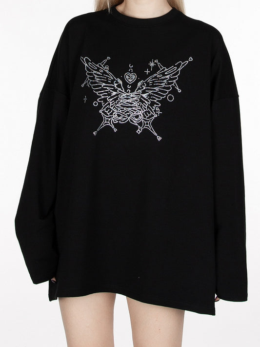 Black Rhinestone Butterfly Loose Sweatshirt