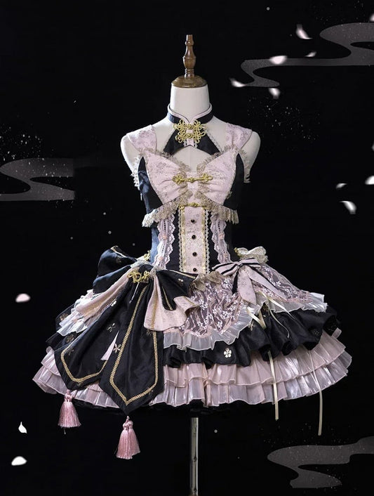 Robe Lolita Qi noire et rose avec corset et gros nœud