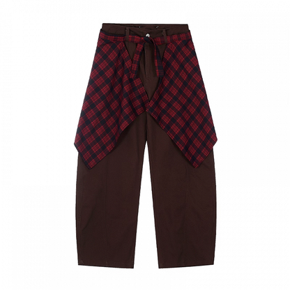Rise Vintage Grau/Braun Dunkel mit Plaid Taille Zubehör Weite Bein Hosen Niedrigen