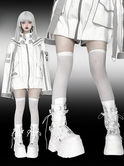 Matte White Punk Stud Bandage Lace-up Details Platform Boots