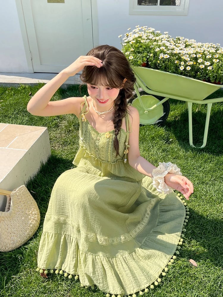 Mori Kei Green Knitted Floral Accents Cami Top