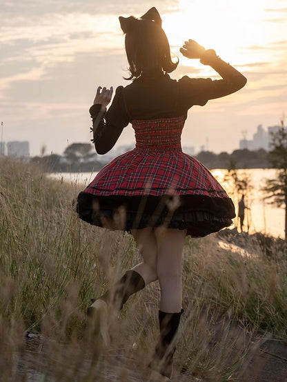 Robe à carreaux avec ourlet en peluche et oreilles de chat rouges de Noël, jupe pull Lolita