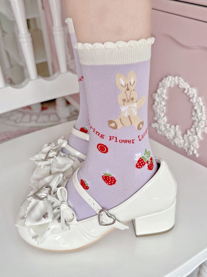 Strawberry Bear Socks Print Red/Purple/Black Lolita Calf Bunny