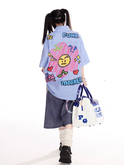 ヴィンテージ刺繍ブルーストライプシャツ 半袖