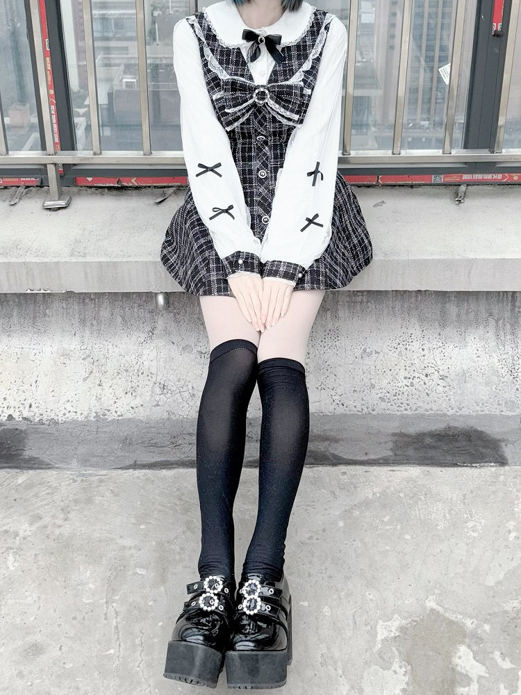 Mini Dress with Shorts Bow Set Detachable Big Jirai Kei Black  White Tweed Peter Pan Collar