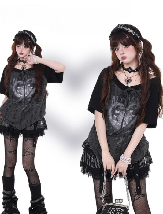 Neckline Gray Distressed Holes Colorblock Design Self-tie Strap Black and Graphic T-shirt
