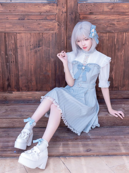 Kei Dress with Detachable Lace Trim Jirai Bow Kaiwai Neckline Design Tenshi Blue Striped Criss-cross