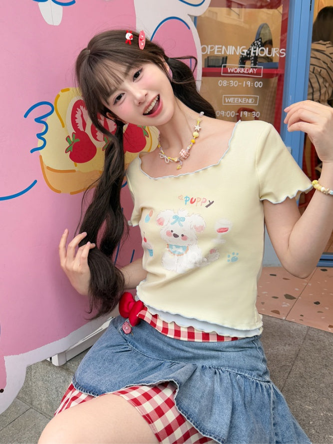 T-Shirt Hem Square Neck Apricot Puppy Print Lettuce