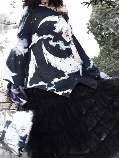 Fashion Black Moon Sleeves Protection Top Long And Gyaru Cartoon Print Sun