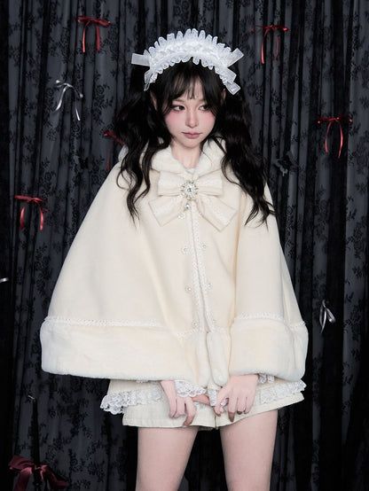 Detachable Jirai Kei Plush Trim Milk Hooded Cape with Big Bow White