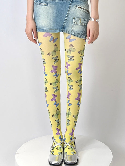 Gelb/schwarze Strumpfhose mit Schmetterlingsmuster