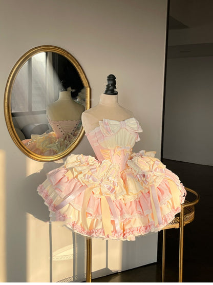 and Boned Ear Bowknot Waist Basque with Pink Skirt Dress Bunny Puffy on Sweet Yellow Design