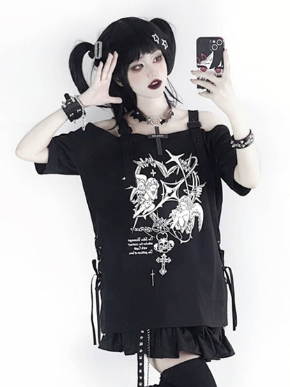 Black/White with T-shirt Gothic Off-Shoulder Choker Y2K Free Angel Heavenly