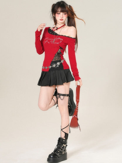 Und Ärmeln Brief Top Lange Strass Verziert Bowknot Glamourös Rot/Schwarz