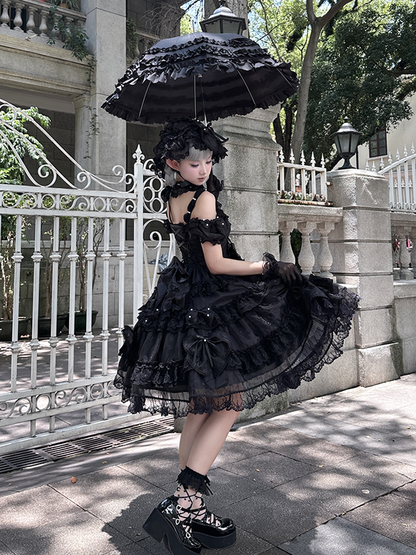 All Details at with Bow Lolita Back Dress Bead Big and Accents Princess Black