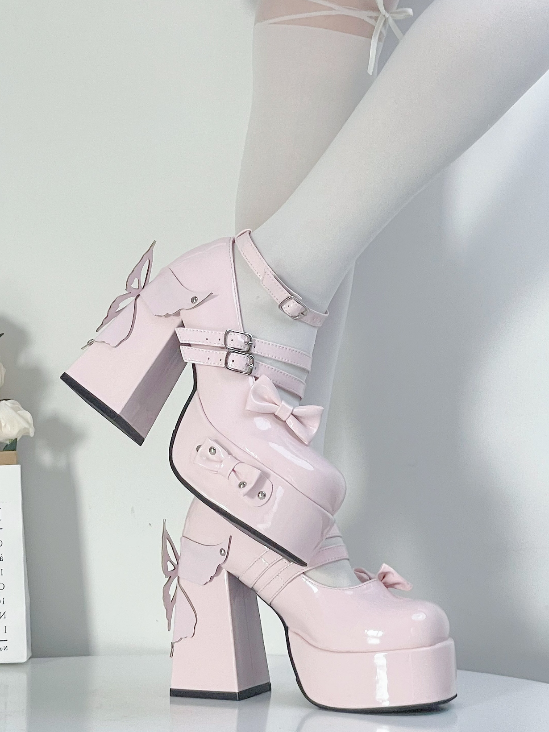 Pink Bowknot Stud Butterfly Platform High Block Heels Lolita Shoes