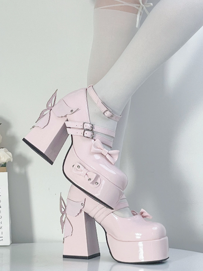 Schuhe Design Stud Schmetterling Bowknot High Block Plateau Heels Lolita Pink