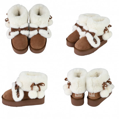 - Boots Dark Brown Snow Bunny Ears Sweet Lolita Dot Polka Platform Plush