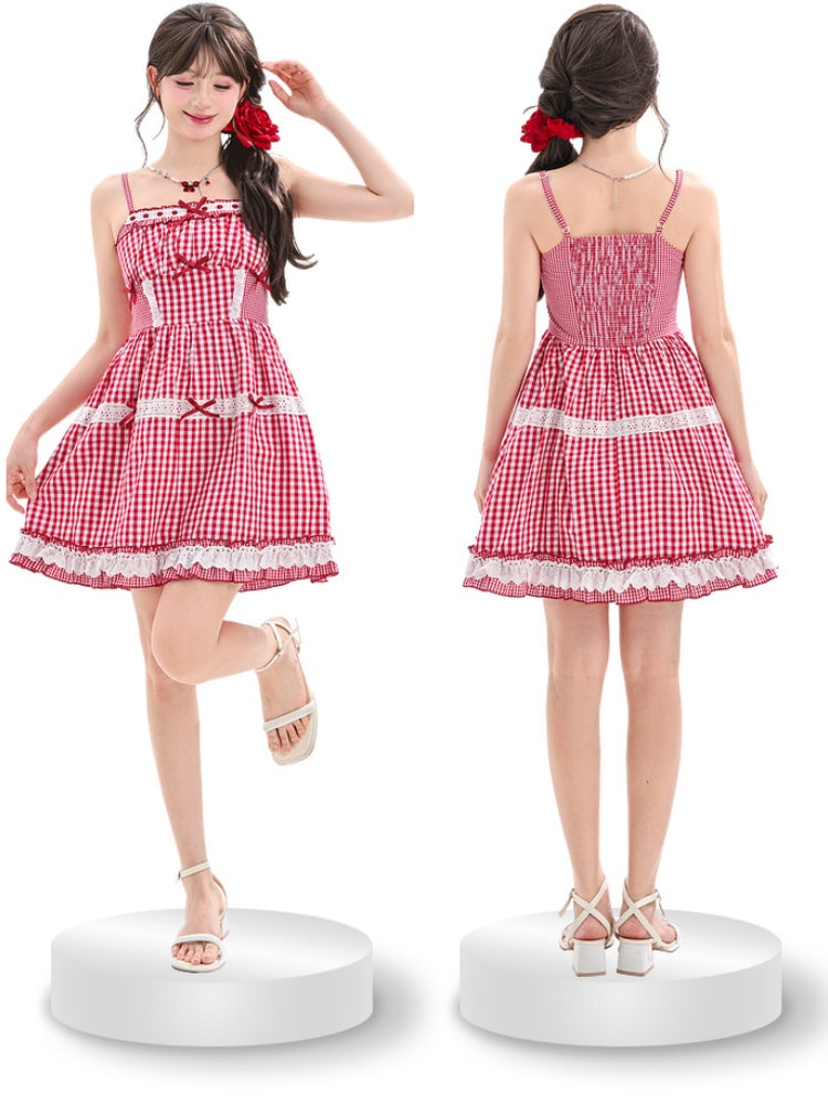 Akzente Spitze Sommer Trim Urlaub Cami Kleid Bowknot Rot und Weiß Plaid