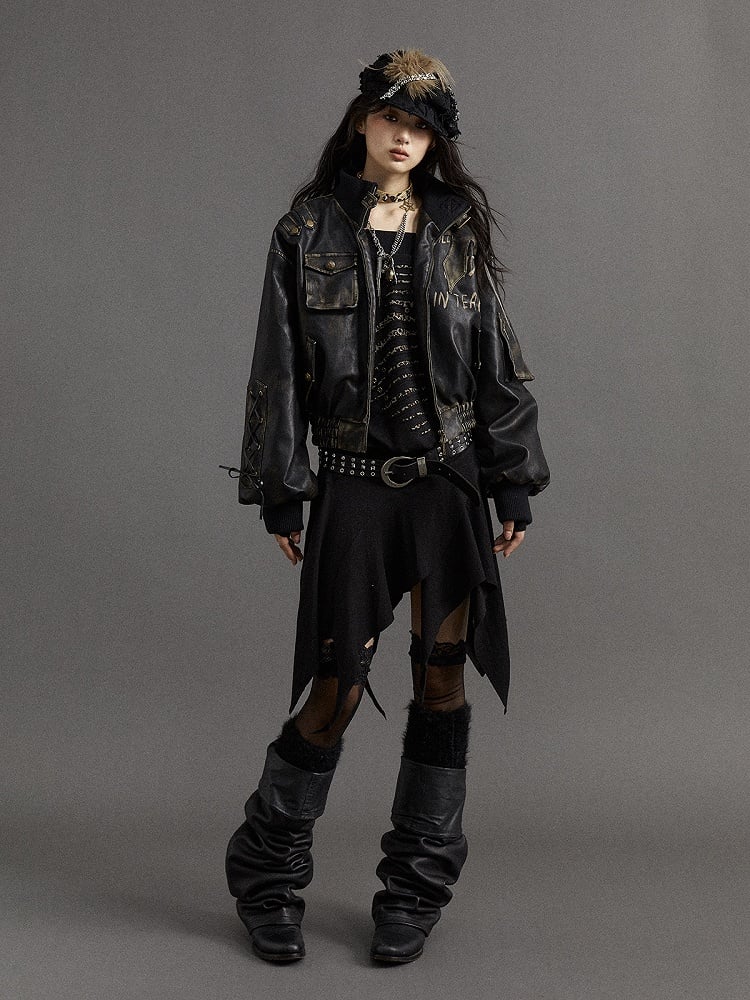 Cross Applique Black Punk Jacket with Lace-up Detailat Sleeve