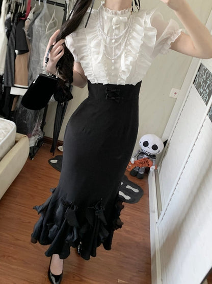 Lolita White Pieces Black Elegant Two Design Mermaid and Dress Waist Skirt Boned Fake Blouse