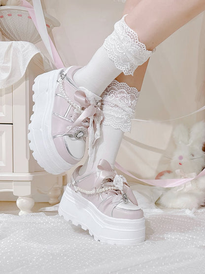 Chaussures à plateforme Jirai Kei en strass roses avec chaîne de perles amovible