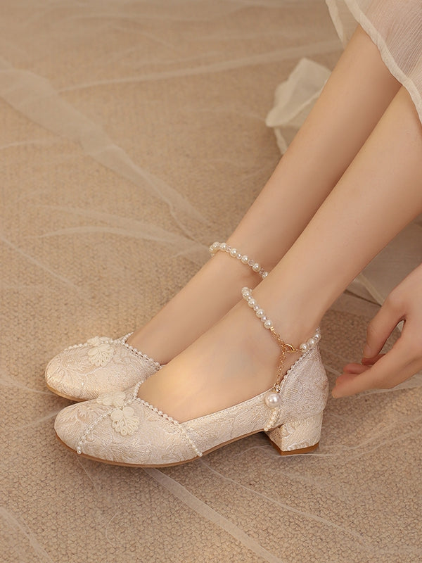 Froschschuhe Akzent Perlen Qi Knöchel Lolita Beige Riemen Knopf Mittelabsatz