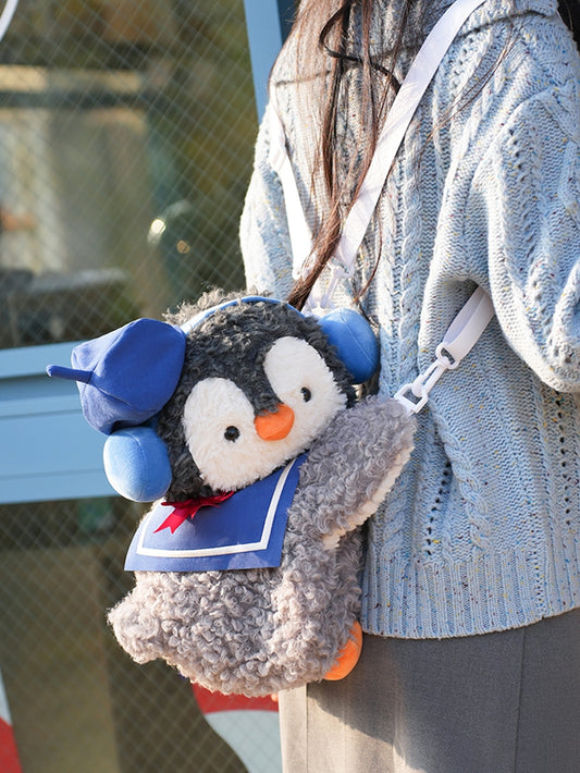 Sailor Penguin Gray Bag Plush Size Middle/Large Cute Blue + Hat Backpack/Crossbody Collar
