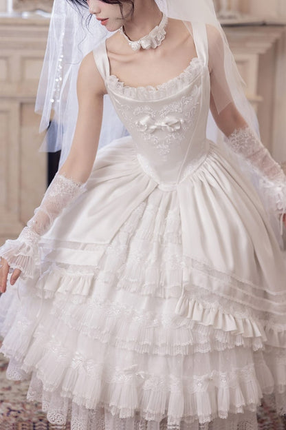 Rosette White Elegant Wedding Hanayome Lolita Jumper Skirt + Underskirt