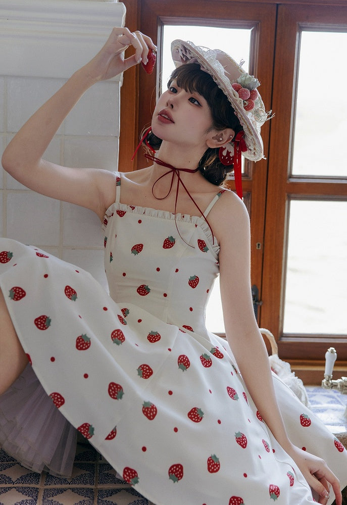 and White JSK Sweet Dress Polka Dots Summer Lolita Strawberry Sun Print
