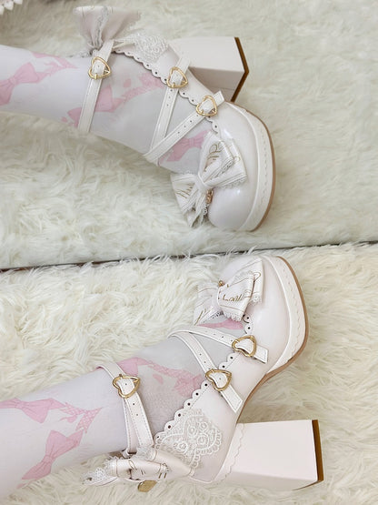 Block Heels Buckles High Bow Detachable Crisscross Design White Top Heart at